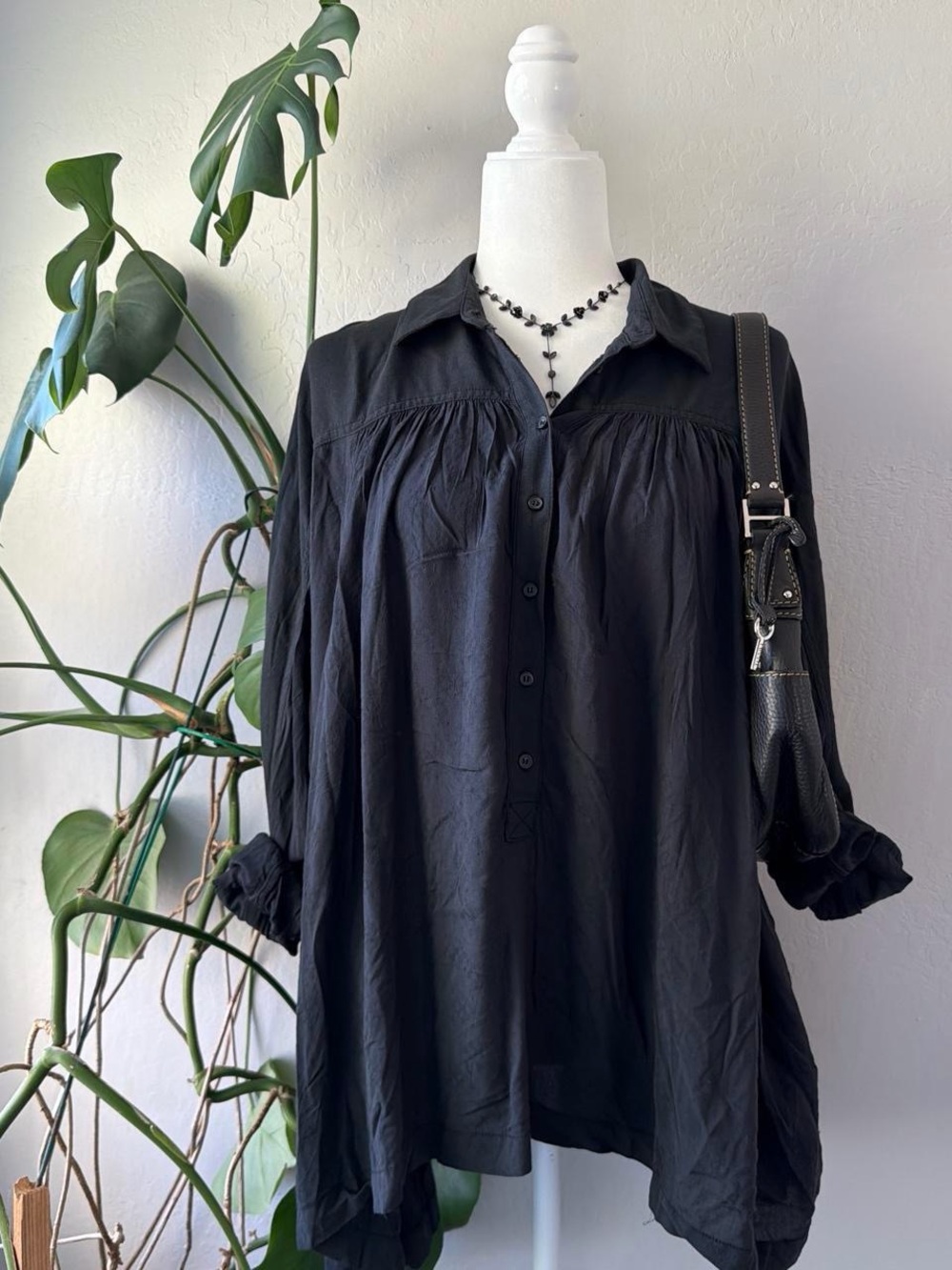 Free People Black Button-Front Tunic Blouse